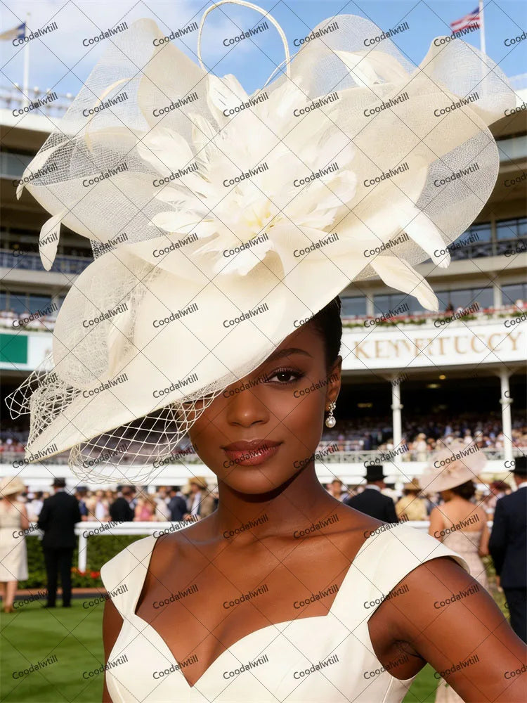 20 Colors White Mesh Ladies Royal Ascot Horses Race Evening Bride Wedding Opera Concert Church Fascinator Hat Feather Flower Headpiece For Women Elegant Chapeau Cap Femme Veils Millinery