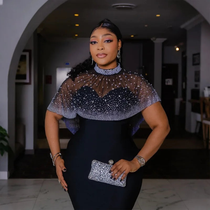 NEW S-2XL UK Plus Size 3 Colors Glitter Pearls Rhinestones Wedding Guest Dress Women Elegant Celebrity Sheath Night Club Party Even Prom Dress with Cloak