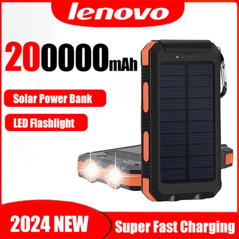 Lenovo 200000mAh Solar Power Bank Outdoor Camping Portable Charger Powerbank Waterproof External Battery Charging with LED Light