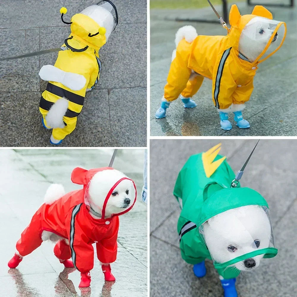 Cute Bear Shape Dog Raincoat Puppy Rain Jacket Full Body Coverage with Hat Reflective Double Layered Waterproof Dog Hooded Cloak