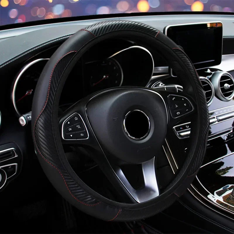 Car 37-38.5cm Steering Wheel Cover Breathable Anti Slip PU Leather Steering Covers Suitable Auto Decoration Carbon Fiber Cars Accessories