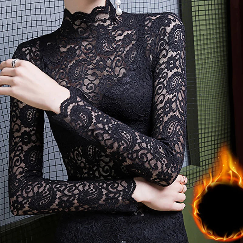 NEW Arrivals S-2XL UK Plus Size 4 Colors Autumn Winter Women Warm Bottoming Pullover Tops Elegant Mock Neck Long Sleeves Shirt Flower Hollow Out Women Lace Blouse