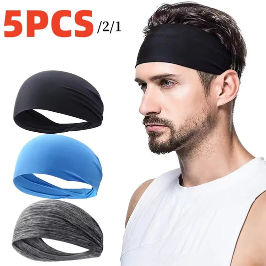NEW 5PCS Set Blue/Gray/Black Color Elastic Women Men Sports Headbands Sweat Absorption Headdress Quick Dry Workout Headband Anti-Slip Breathable Sweatbands for Yoga Running Sports Supplies
