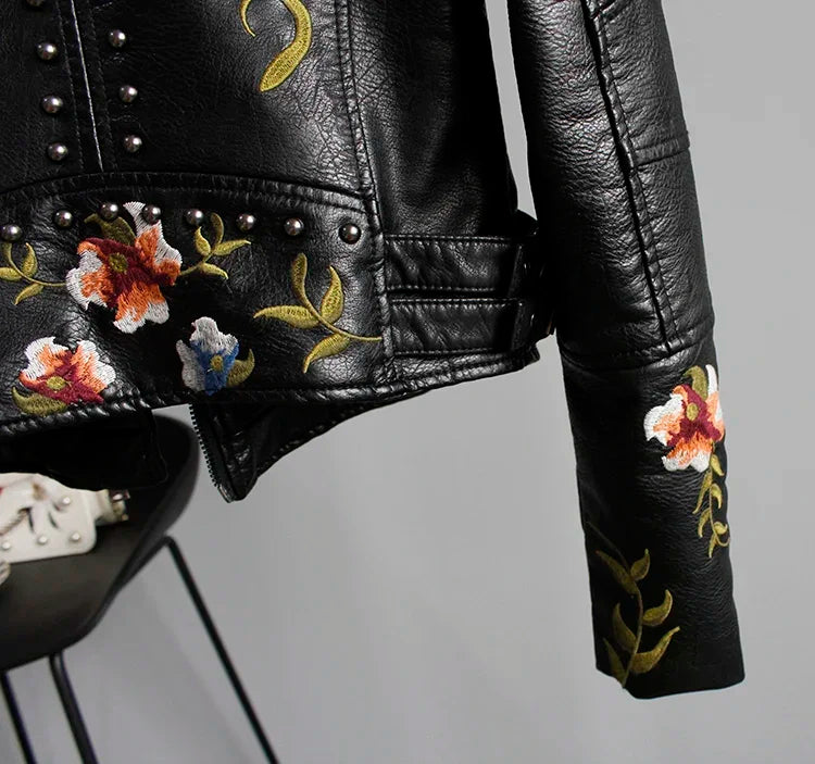 Women's Floral Print Embroidery Faux Soft Leather Jacket, Punk Rivet Outerwear, Black, Punk, Motorcycle Coat, Faux, Female