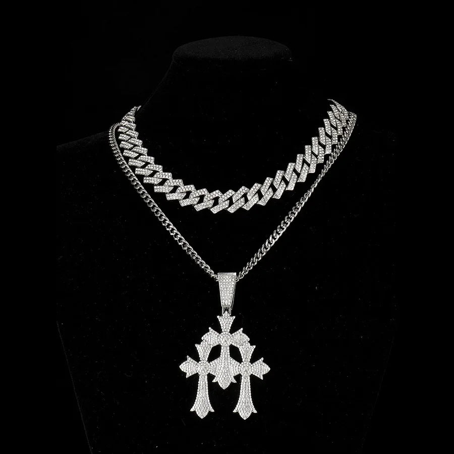 Three Crosses Classic Retro Mosaic Pendant Cuban Chain Trendy Hip Hop Pendant Necklace Women and Men Jewelry Accessories
