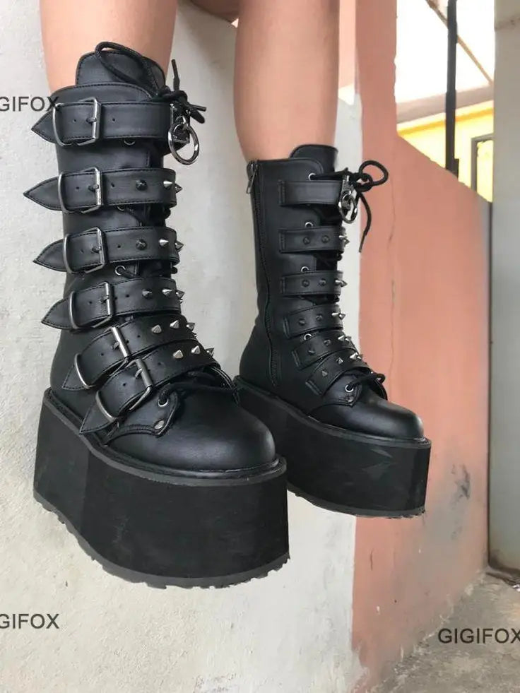 GIGIFOX Brand Big Size 43 Fashion Gothic Rianbow Platform Buckles Zipper Colorful Great Quality Motorcycle Boots Woman Shoes