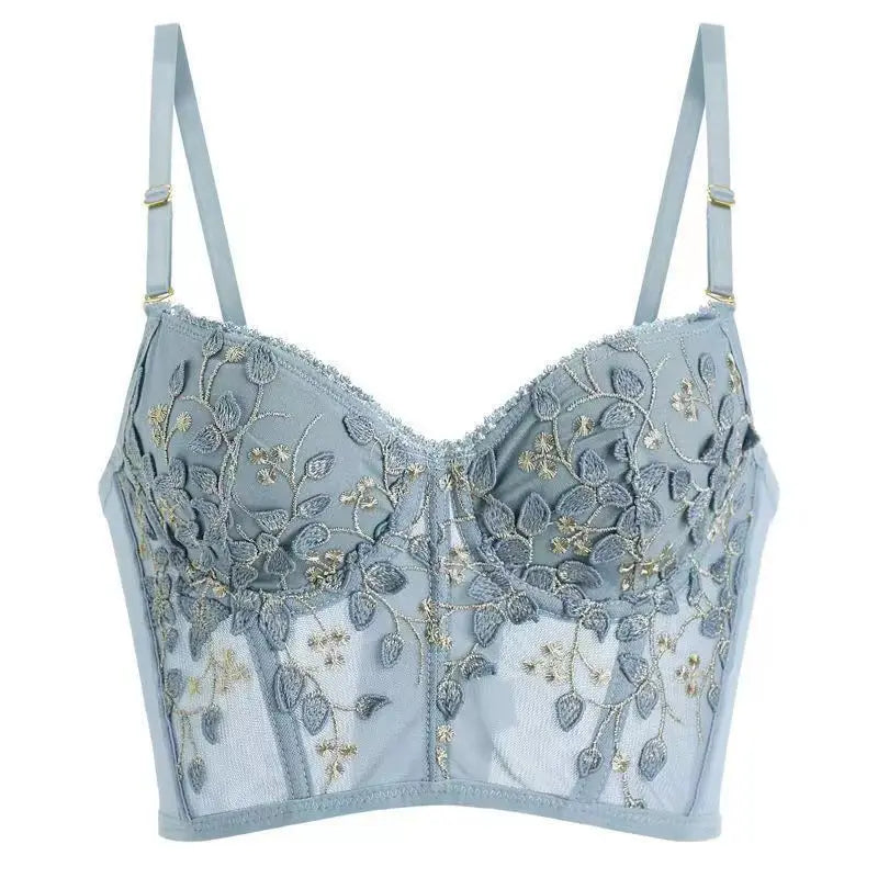 Retro Sexy Court Flower Embroidered Lace Underwear Thin Soft Steel Ring Closure Breast Gathering French Bra Set