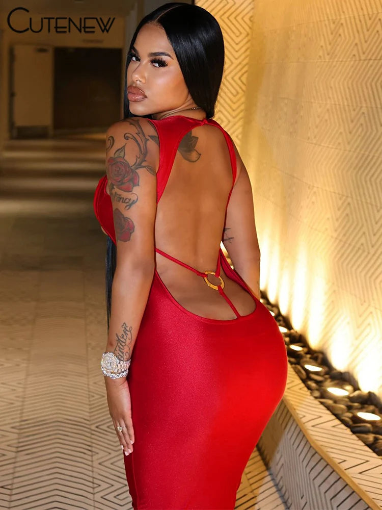 Low-Price Sales are Limited NEW Solid Elegant Women Maxi Dress Classic Elegant Hollow Out Backless Sleeveless Sheath Female Simple Sexy Frock Evening Beach Nightclub Party Dress Girls Ladies Sexy Fashion Clothing Supplies
