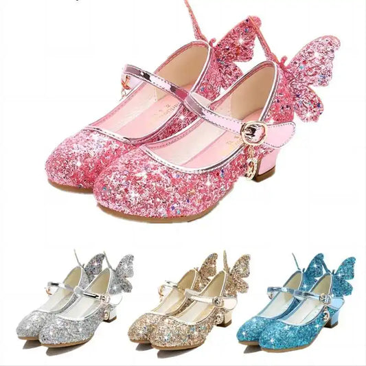 NEW Luxury Girls Wedding Birthday Party Princess Butterfly Leather Shoes Diamond Bowknot High Heel Children Girl Dance Glitter Shoes Fashion Girls Party Dance Shoe Children Footwear Fashion Apparel Accessories Supplies