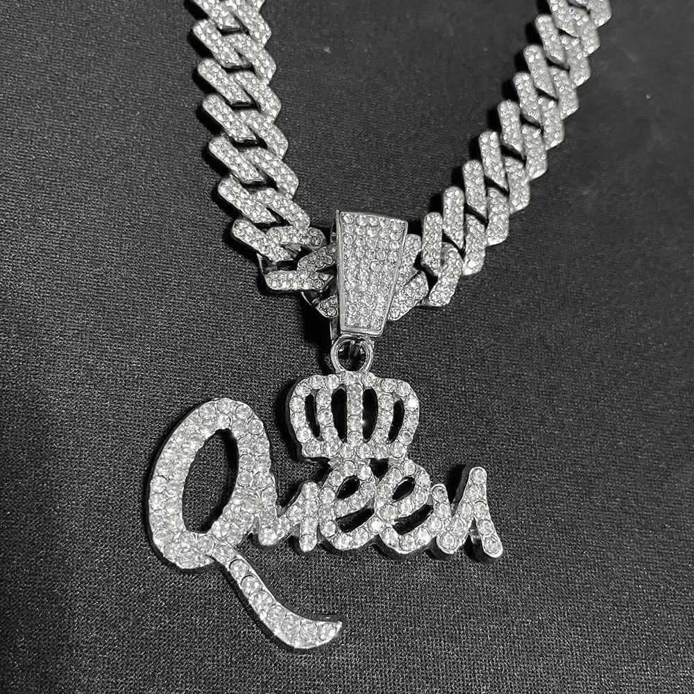 Silver/Gold Color Hip Hop Queen Letter Pendant Cuban Chain Necklace Fashionable Trendy Brand Diamond Embedded Jewelry Accessory