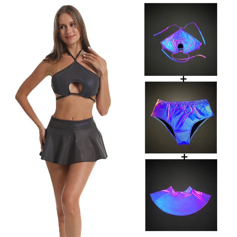 NEW Arrivals Big Save Reflective Lights Bikini Set Women Female Summer Beach Swimwear Evening Beach Festival Rave Party Night Club Dance Fitted 3in1 Bra Triangle and Skirt Tech-Wear Swimsuit Ladies Girls Luxury Fashion Clothi