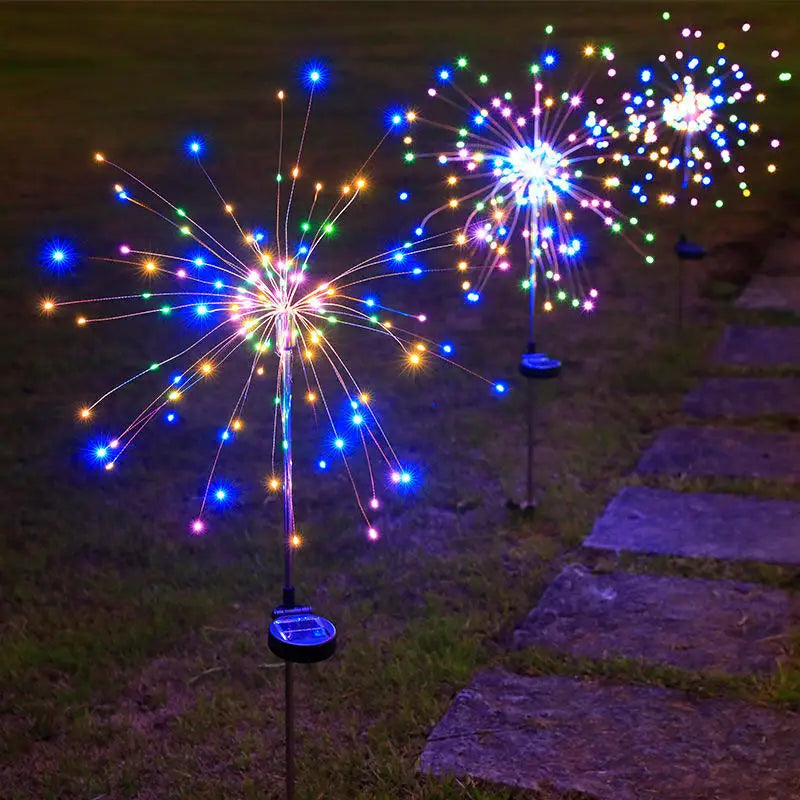 NEW 2PCS Set Solar Outdoor Firework Lights 200 LED Waterproof 2 Modes Decorative Sparkles Stake Landscape Light for Party Garden Footpath Lighting Accessories