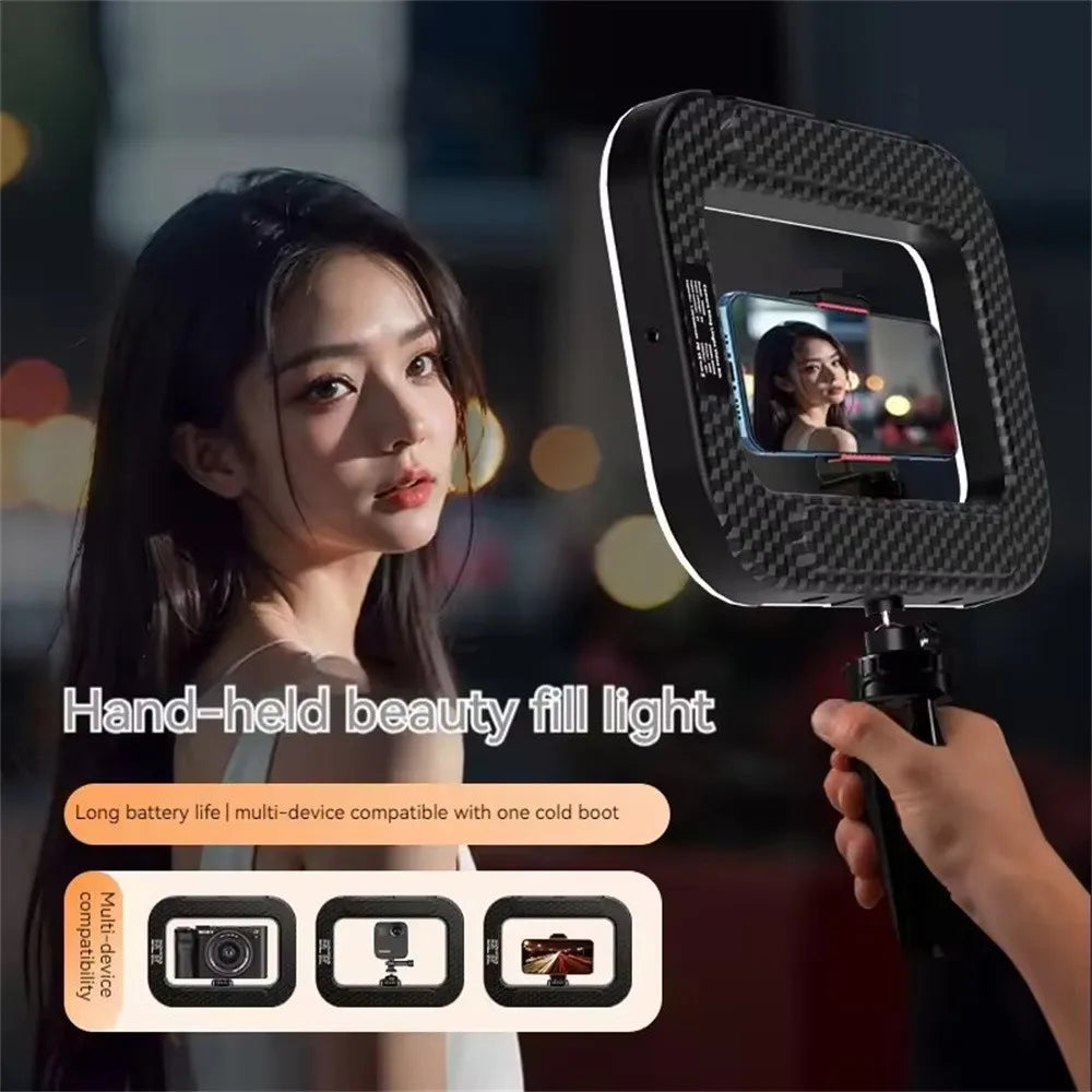 New Pink/Black Color + Tripod Handheld Ring LED Rechargeable Fill light Portable Mobile Phone Live Broadcast Photography Desktop Rabbit Cage Selfie Light