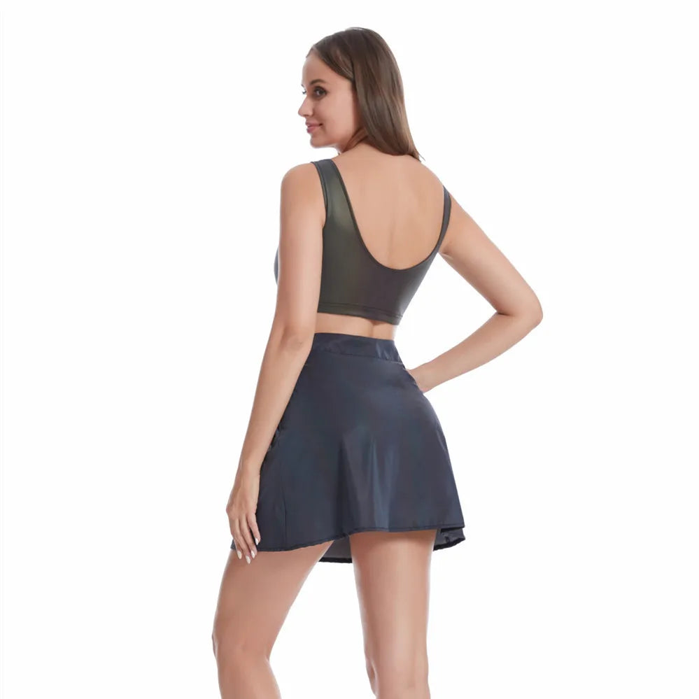 High Waist A-Line Skirts+Bra Women Colorful Reflective 2 Piece Set Night Club Rave Party Reflect Light Mini Clothing Fashion Supplies