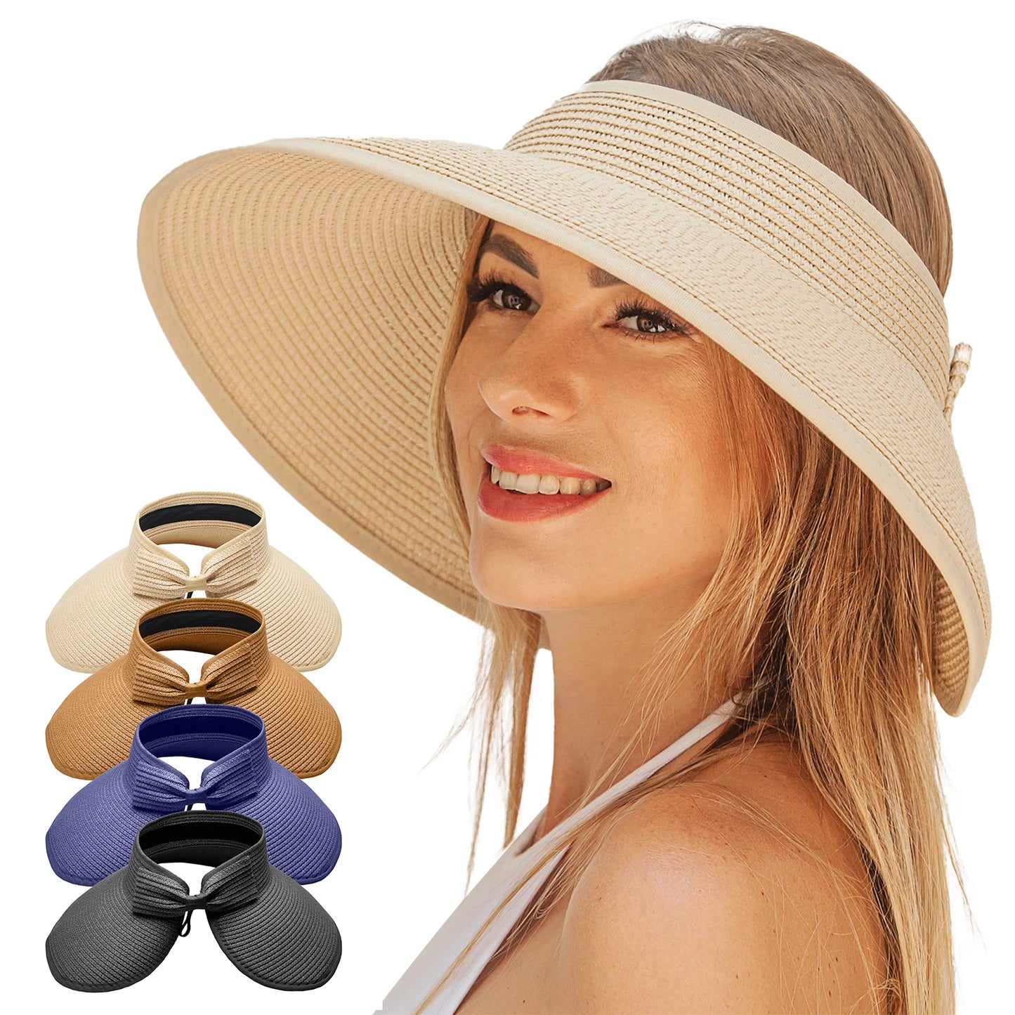 Casual Wide Brim Straw Hat Summer Visors Hat Sun Hat Beach Summer Roll-up Foldable Sun Cap UV Protection Caps for Women