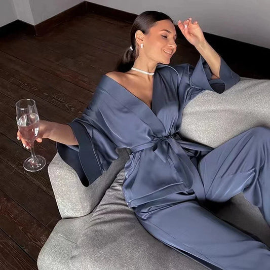 NEW 2PCS Set S-3XL Plus Size 5 Colors Solid Women Luxury Robes with Sashes  Wrist Sleep Tops Satin Pants Loose Pajamas Casual Sleepwear Female Home Suits