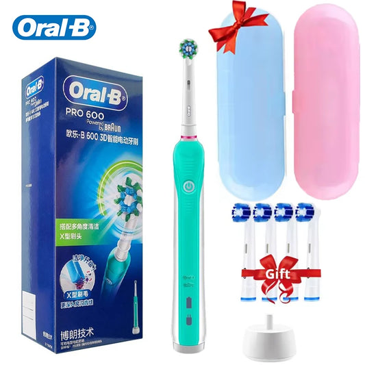 Original Oral B PRO 600 Electric Toothbrush 2-Minute Intelligent Timing + 8 Heads + Box Full Set Daily Clean Teeth Visible Pressure Sensor Waterproof Rechargeable Women Men Oral Hygiene Accessories Personal Care Supplies