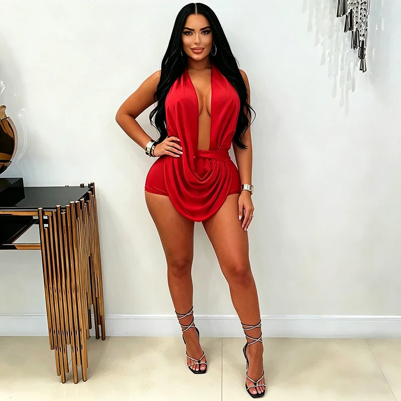 3 Colors Sexy Deep V-Neck Halter Backless Bodycon Rompers Woman Playsuit Sleeveless Ruched Jumpsuit Short Overalls Night Party Outfits
