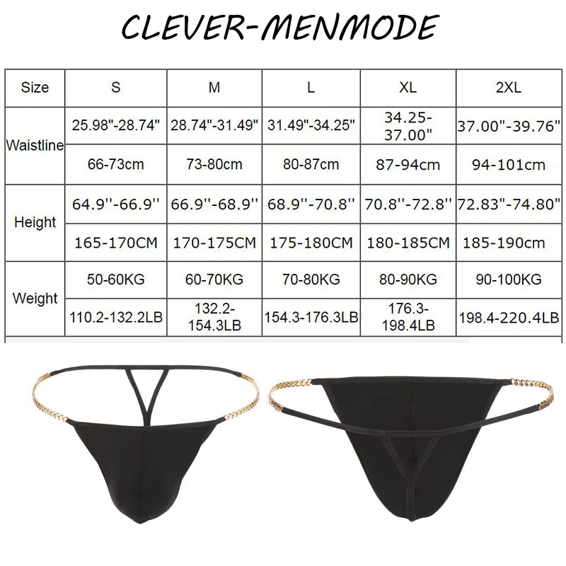 Men's Sexy Ice Silk Open Buttocks Mini Micro Panties Metal Thin Chain Thong T Back Low Rise Ultra Thin Exotic Lingerie