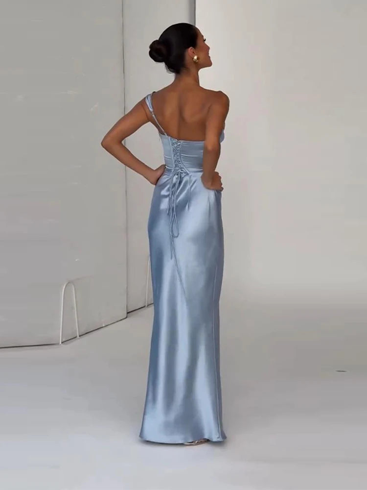 S-XL 3 Colors One Shoulder Satin Women 's Maxi Dress Cowl Neck Ruched Waist Bodycon Dresses Summer Woman Formal Evening Party Wedding Guest Outfit