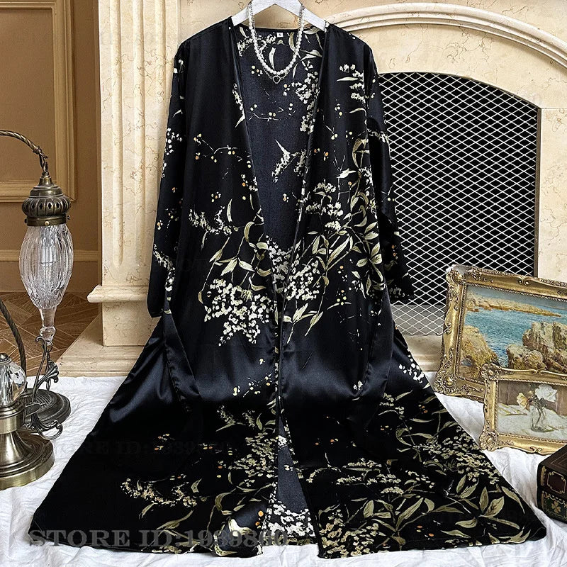 NEW Arrivals 7 Colors Authentic Harajuku Japanese Flower Luxury Kimono Bathrobe Gown Sleepwear Satin Bride Wedding Long Robe Dress Nightgown Spring Female Ladies Luxury Lingerie Fashion Apparel Products