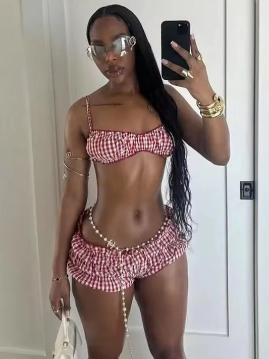 NEW 2PCS Set  Stripe Women Summer Beach Vacation Elastic Camisole +Ruched Shorts Matching Clubwear Midnight Summer Streetwear
