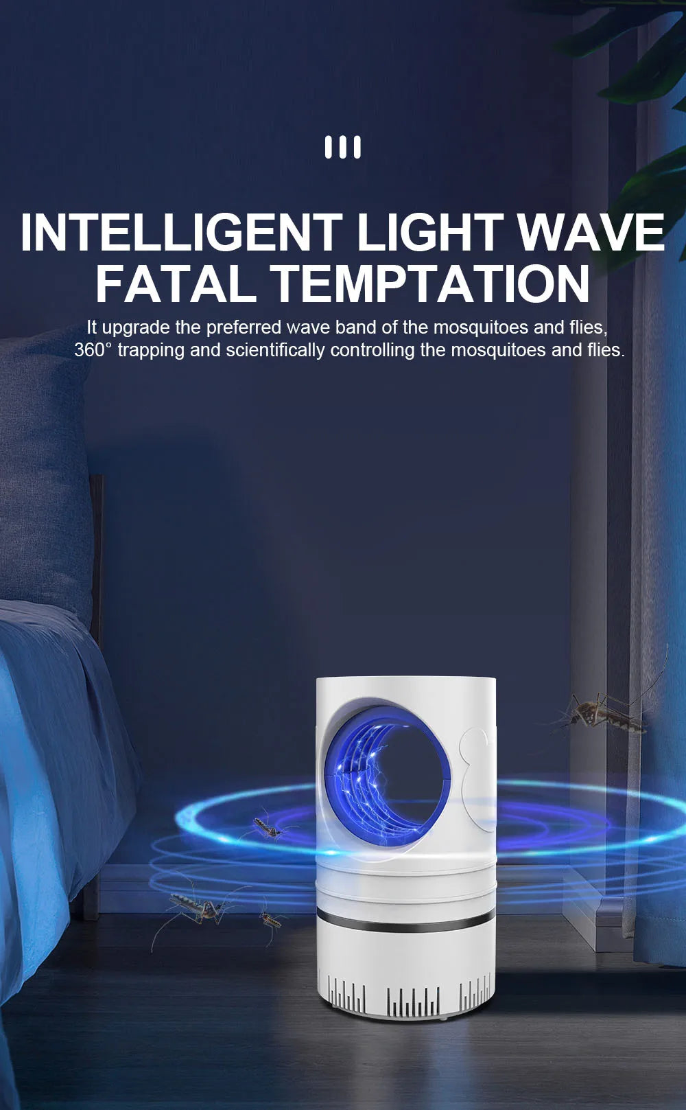 Outdoor Camping Beach Home Balcony Indoor Electric Fly Bug Mosquito Insect Wireless Killer LED Light Trap Control Lamp Small Pest with USB Power Supply and Adapter