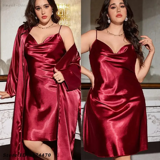 2 PCS Set 4 Colors For Curvy Ladies XL-5XL PLUS SIZE Big Women Long Bathrobe Nightdress Set Bride's Honeymoon Morning Gown Spring Summer Kimono Loungewear Home Wear Gown Sleepwear Chemise Nightgown