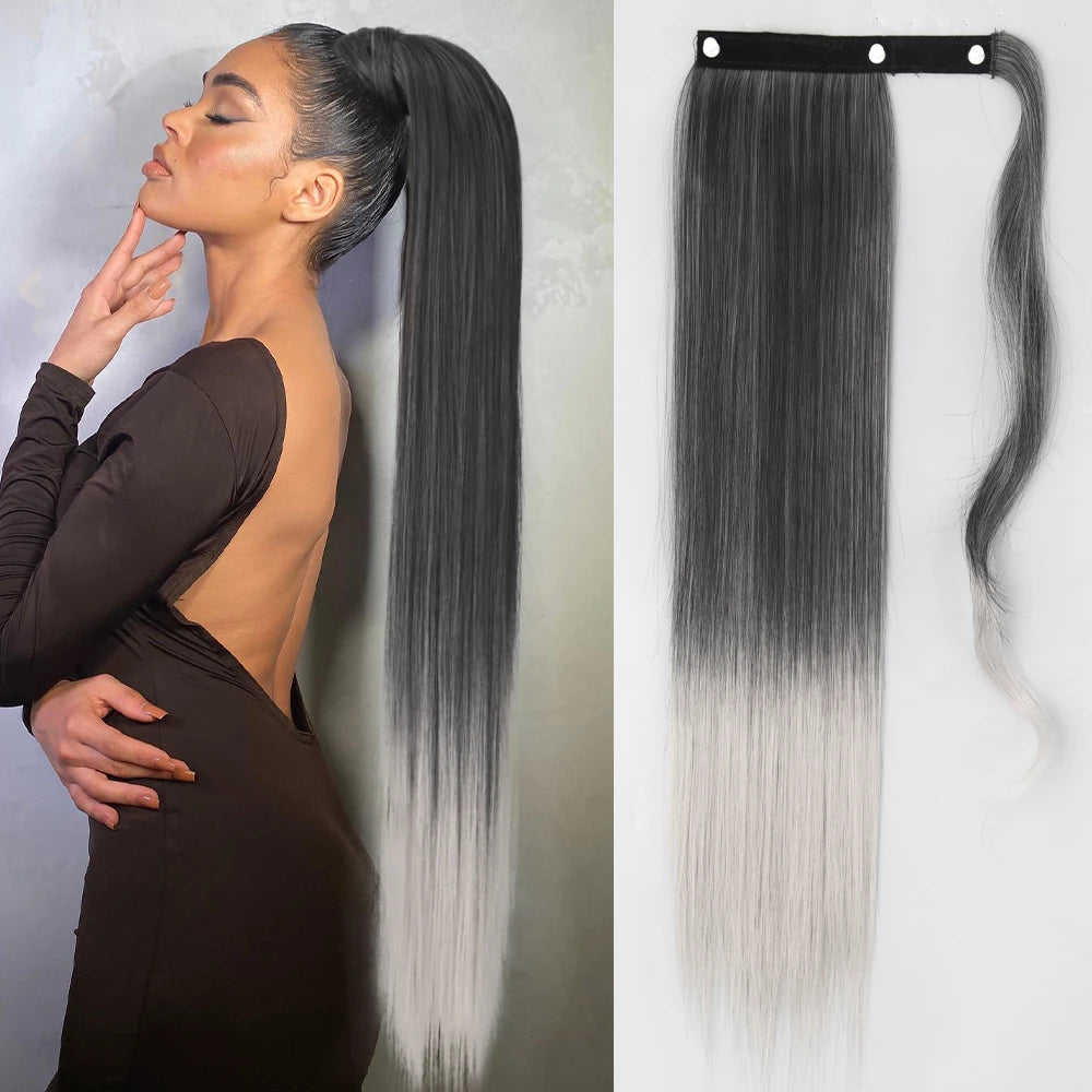 NEW  Synthetic Long Straight Wrap Around Clip In Ponytail Hair Extension Can Be Permed Heat Resistant Pony Tail Fake Hair