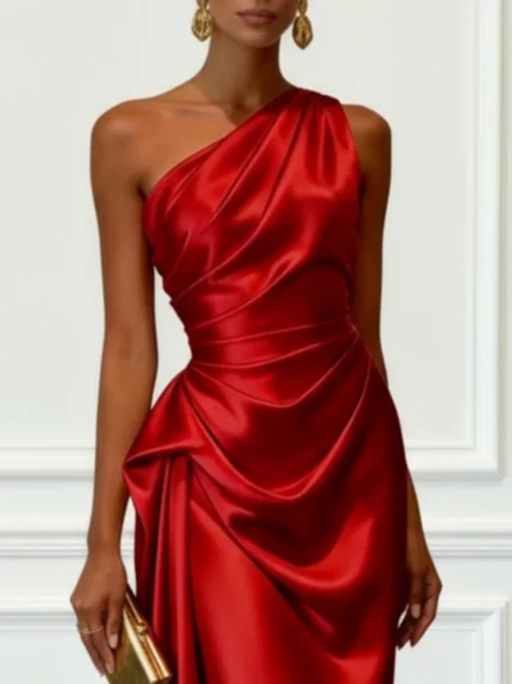 S-2XL UK Size One Shoulder Luxury Satin Midi Dress With Ruched Waist Elegant Sleeveless Evening Wedding Guest Business Party Formal Gown Ladies Outfits.