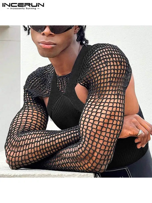 Fashion Casual Men Vest Camiseta Suit 2 Pieces Sexy Leisure Male Short Vests Hollow Breathable Mesh T-shirts S-5XL INCERUN 2023
