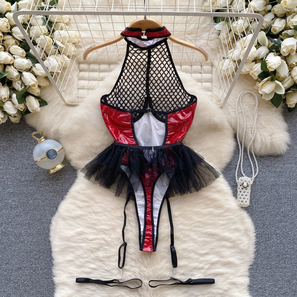 Women Sexy Halter PU Leather Patchwork Mesh Jumpsuit Bunny Girl Cosplay Uniform Lace Slim Hollow Out Bodysuit Short Skirt Pant Female Lingerie Fashion Clothing Apparel Supplies