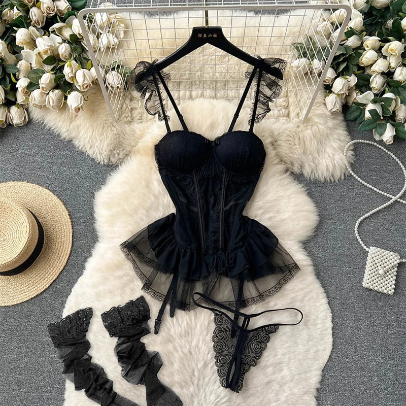 Women Preppy Style Sexy Uniform Sets 2024 V Neck Sheer Top+Lace Up Mini Skirt+Thongs Hollow Out Cosplay Porn Suits