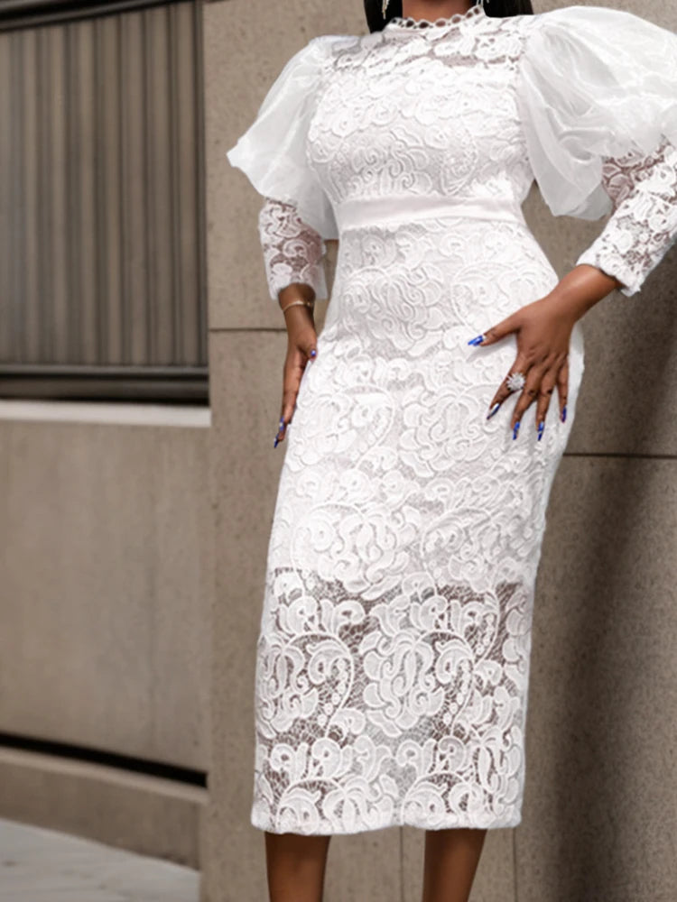 NEW Arrivals UK S-3XL Size African Women Dress Long Dresses Lace Floral Slim Fit Party Puff Sleeve Round Neck Sheath Sexy Gown Tight Waist Elegant Splice Formal Gown