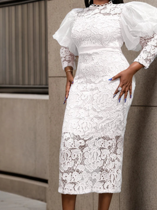 NEW Arrivals UK S-3XL Size African Women Dress Long Dresses Lace Floral Slim Fit Party Puff Sleeve Round Neck Sheath Sexy Gown Tight Waist Elegant Splice Formal Gown