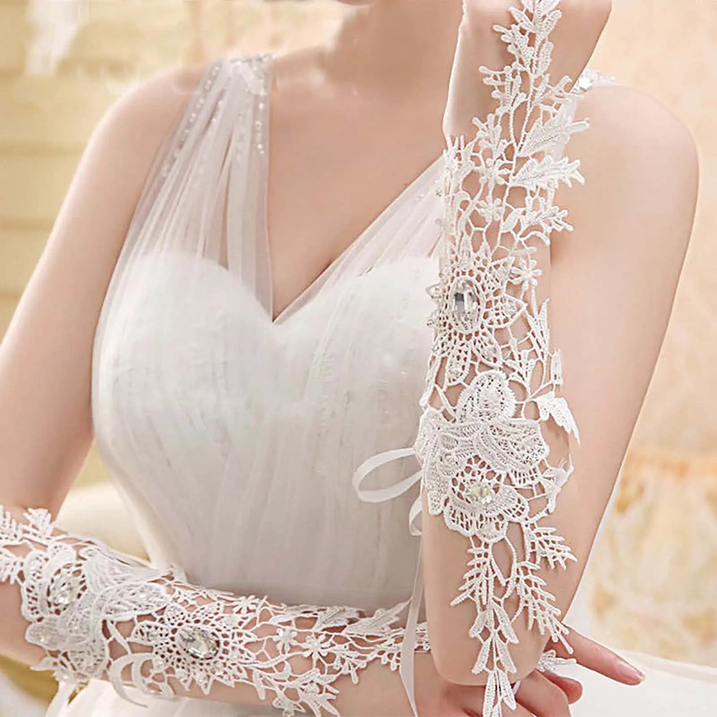 Crystal Women's Wedding Gloves Fingerless Elbow Bridal Gloves Floral Ivory Long Gloves Wedding Accessory for Bride