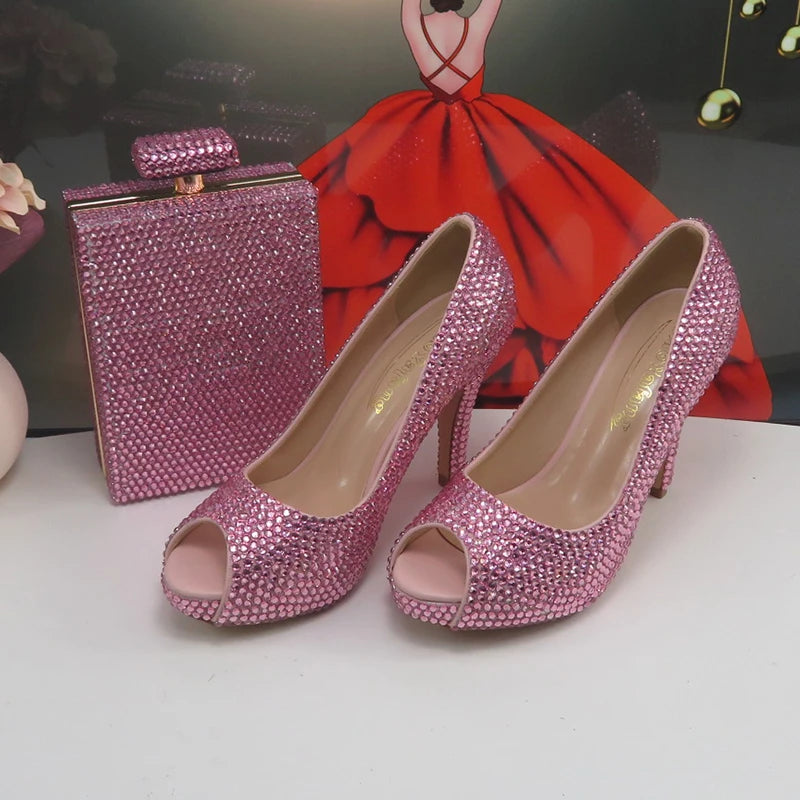 BaoYaFang Pink Crystal Bridal wedding shoes and Bag Fish mouth Female Party Shoes Shallow Fashion High Pumps