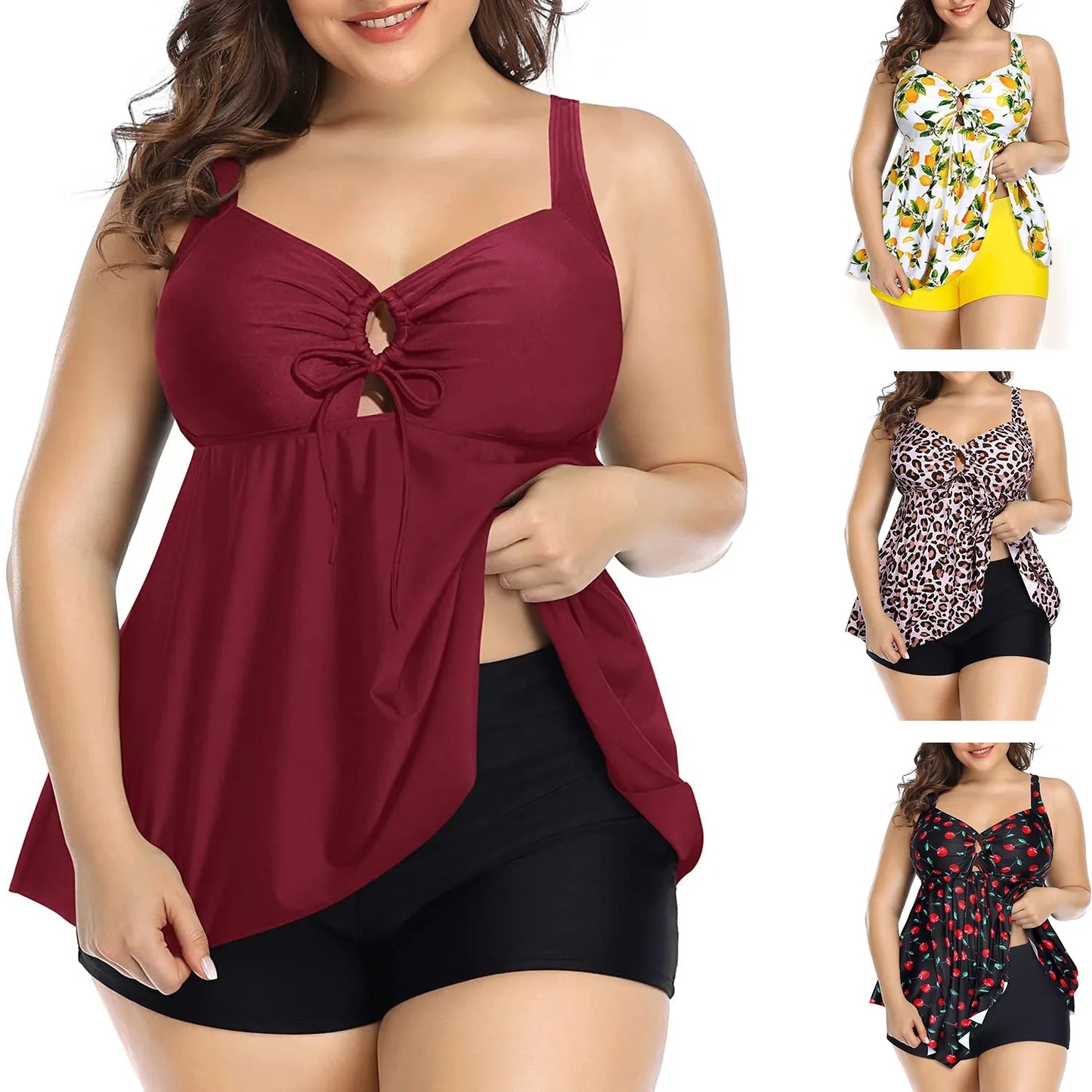 2 PCS Set S-3XL Plus Size Curvy Women's Swimsuit Bikini Set Moderate Coverage Abdomen Control Separate Top And Shorts Big Girls Swimming Costume Bathing Apparel Suit