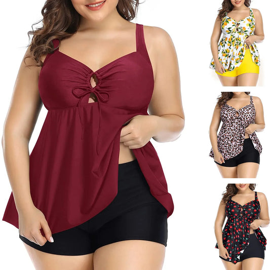 2 PCS Set S-3XL Plus Size Curvy Women's Swimsuit Bikini Set Moderate Coverage Abdomen Control Separate Top And Shorts Big Girls Swimming Costume Bathing Apparel Suit