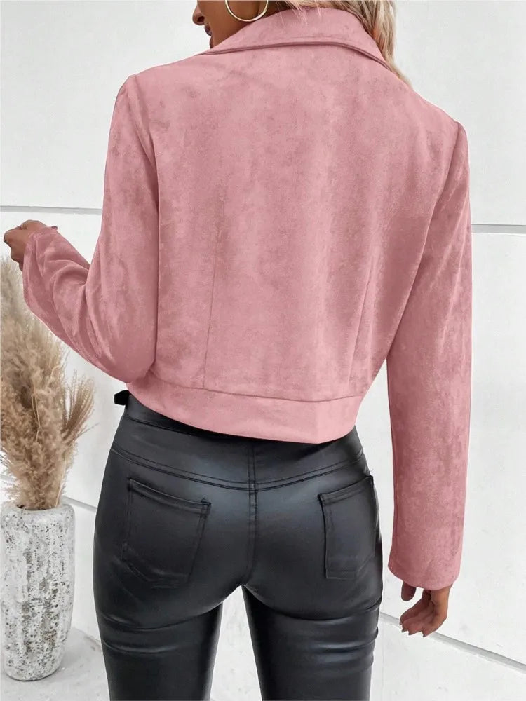 S-2XL US Size Women's Casual Lapel Zipper Jacket Imitation Deerskin Velvet Short Coat Winter Fashion Slim Women's Riding Short Jacket Casual Clothing Supplies