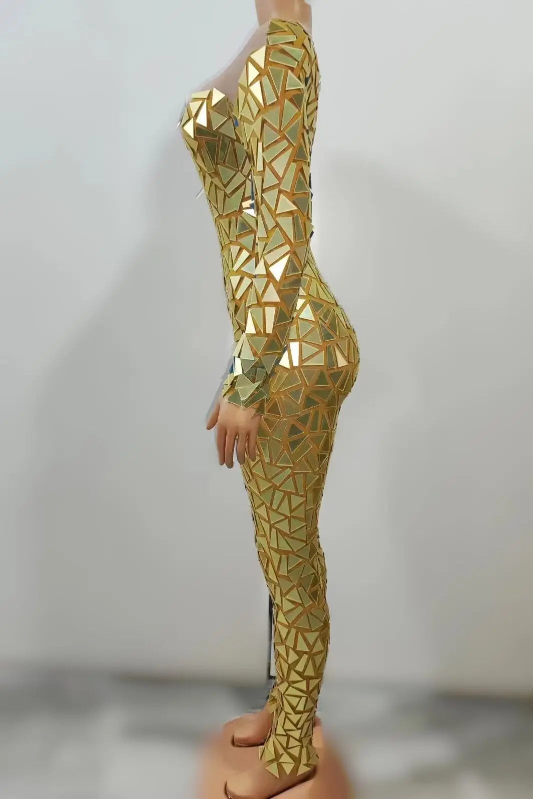 Gold Blue Red Flashing Full Mirrors Long Sleeves Transparent Gogo  Jumpsuit Birthday Celebrate Costume Evening Women Dance Bodysuit Stage Performance Tec Wear Fashion Clothing Supplies