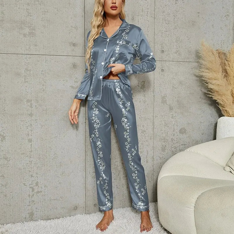 Pajamas Set Long Sleeve Sleepwear Women Button Down Nightwear Pj Sets Print Shirt with Trouser Loungewear Female Pyjamas Suits