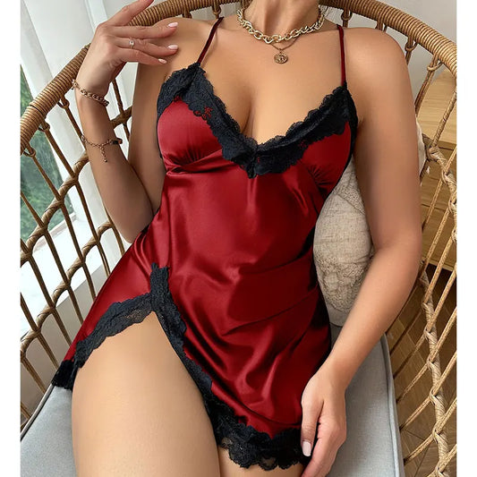 NEW S-XL 4 Colors Satin Erotic Nightdress Clothes Women Nightgowns Sexy Nightwear Lace Patchwork Lingerie Nighty Sleepwear Wedding Satin Dress Sleep Wear