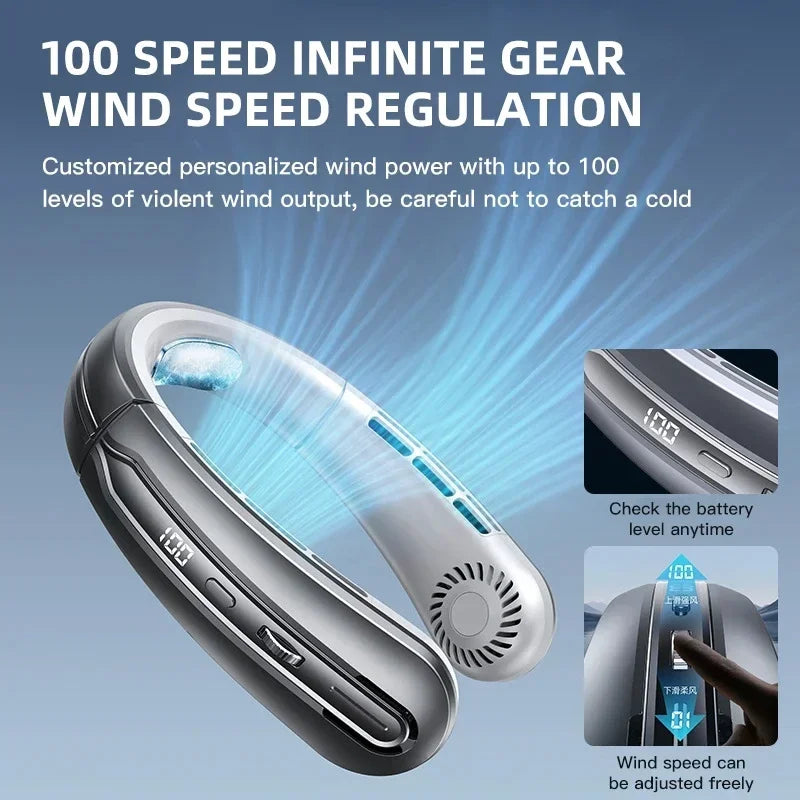 8000mAh USB Hanging Powerful Neck Fan Portable Bladeless Mini Rechargeable Mute LED Digital Display Electric Air Cooler Handheld.