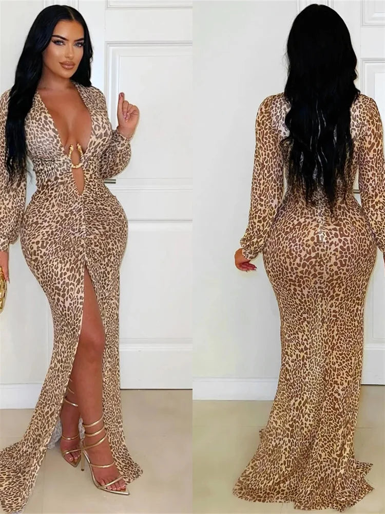 S-2XL UK Plus Size Sexy Street Elegant Leopard Split Dress Women Metal Decoration Deep V-Neck Peach Hip Midnight Club Stretch Skinny Sexy Maxi Bodycon Evening Party Dress