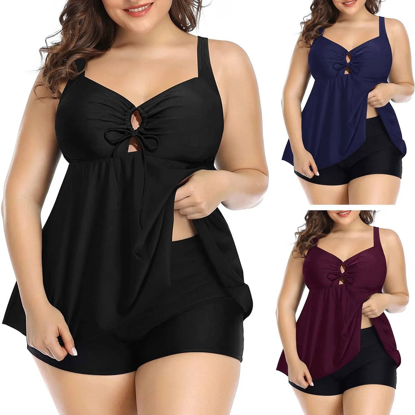 2 PCS Set S-3XL Plus Size Curvy Women's Swimsuit Bikini Set Moderate Coverage Abdomen Control Separate Top And Shorts Big Girls Swimming Costume Bathing Apparel Suit