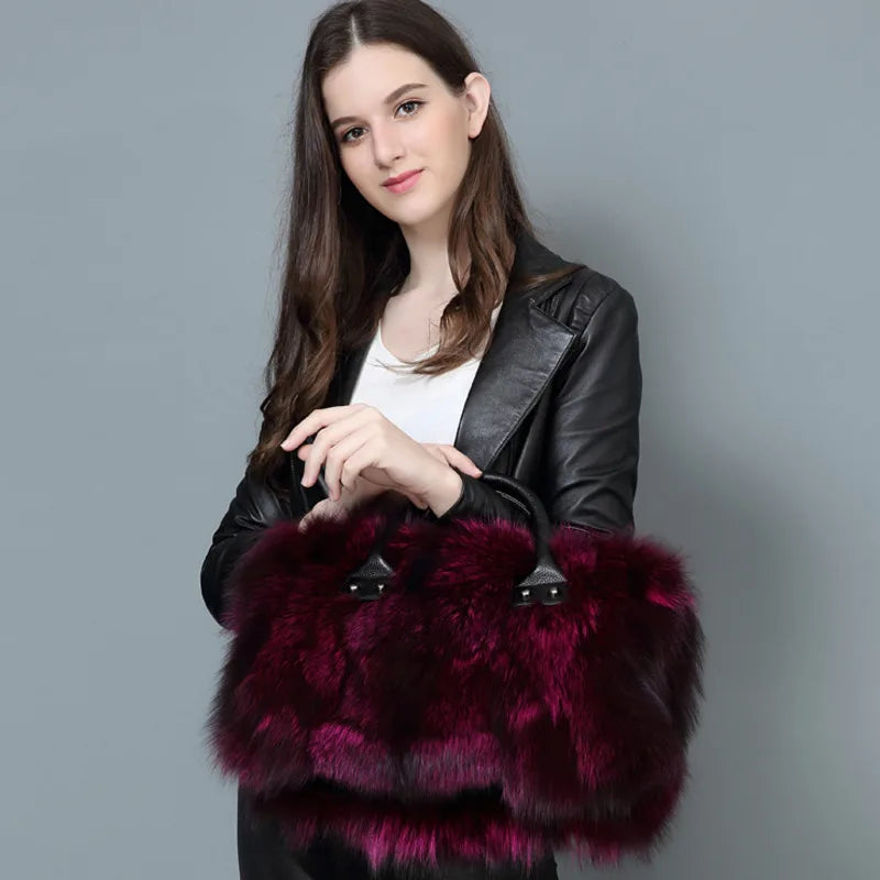 Super Luxurious Real Fox Mink Fur Handbags Winter Women Leather Bag Fashion Shoulder Bags Real Silver Fox Fur Messenger Bags Female Evening Party Bag Outdoor Travel Bags Ladies Luxury Winter Fashion Clothing Accessories Produ