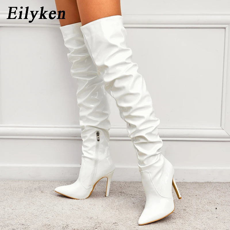 Red Women Over The Knee Boots High Heels Patent Leather Solid Pointed Toe Stiletto Side Zipper