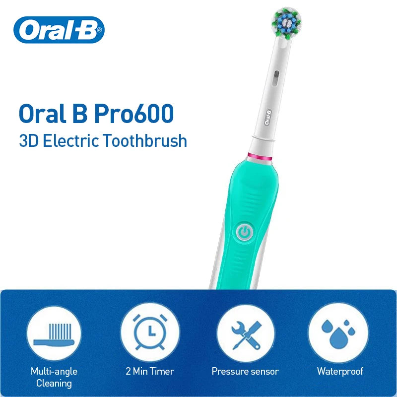 Original Oral B PRO 600 Electric Toothbrush 2-Minute Intelligent Timing + 8 Heads + Box Full Set Daily Clean Teeth Visible Pressure Sensor Waterproof Rechargeable Women Men Oral Hygiene Accessories Personal Care Supplies