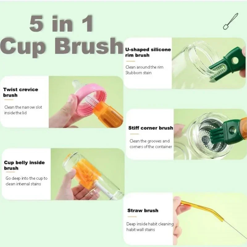Water Bottle Cleaner Brush Silicone Detachable Scrubber Long Handle Narrow Milk Kettle Wineglass 5 In 1 Cleaner Kitchen Tool